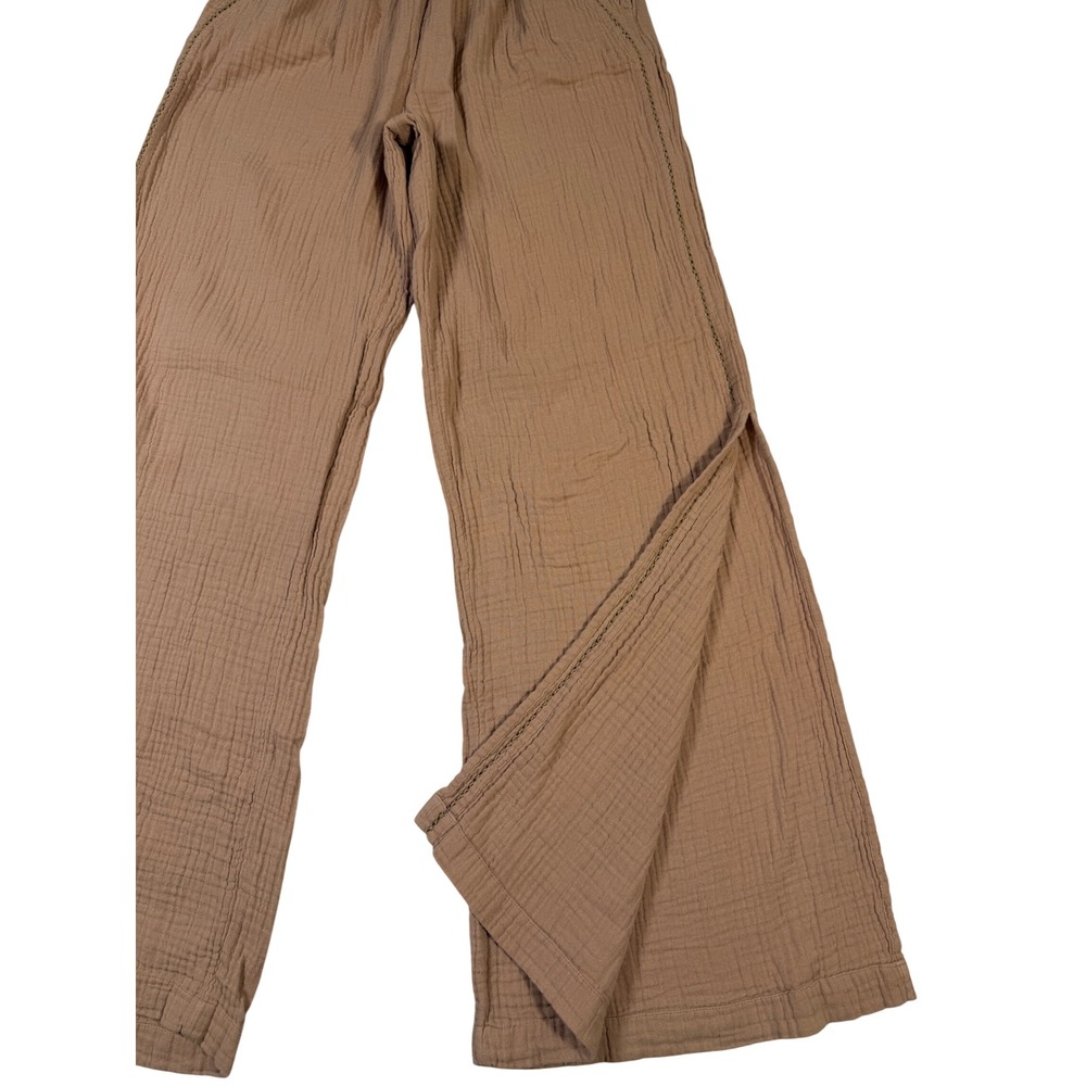 Aerie Wide Leg Gauze Pants Brown Smocked Waist Slit Pockets Small Petite - Picture 4 of 10